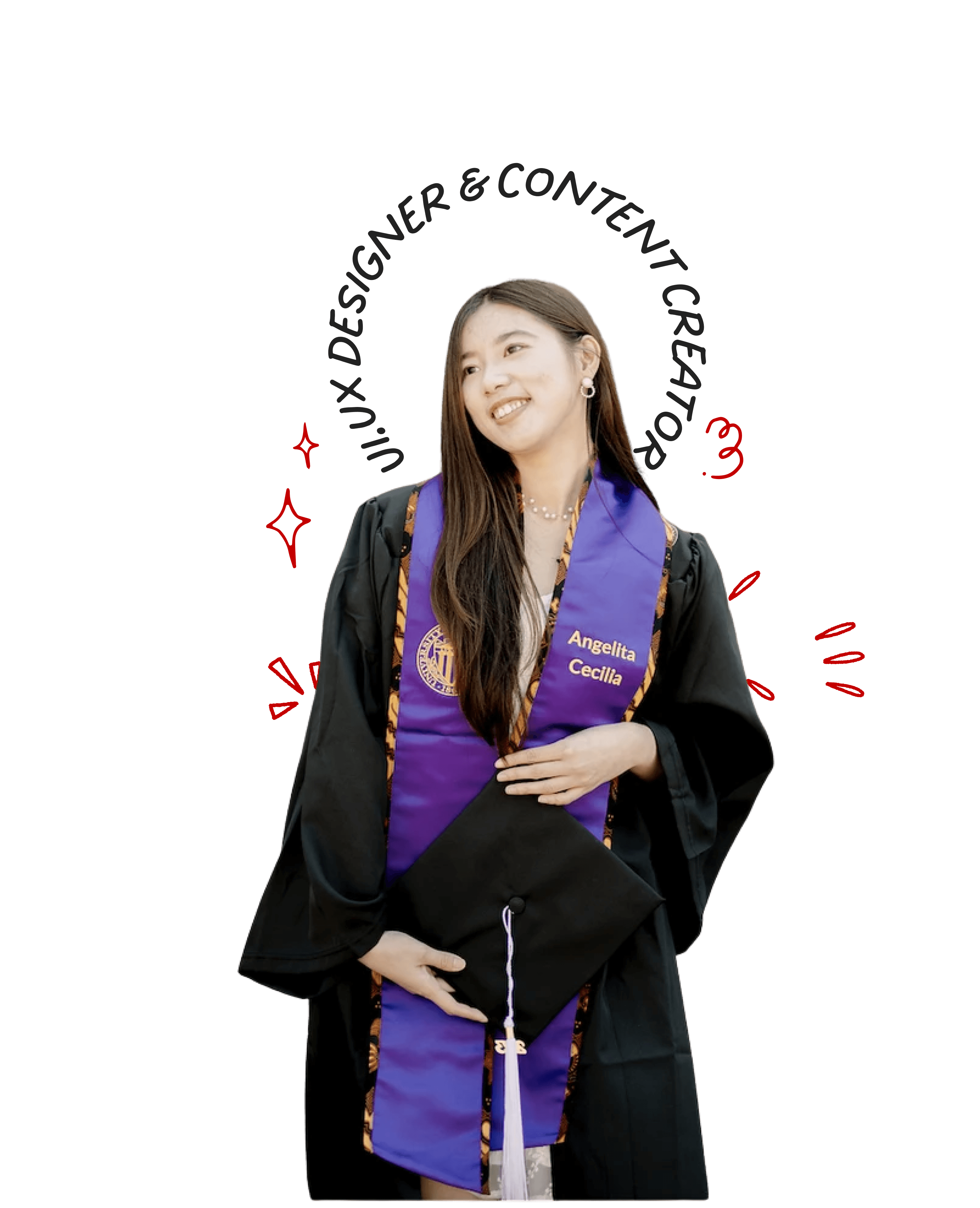 Angelita Cecilia graduation portrait with circular UI/UX Designer & Content Creator text
