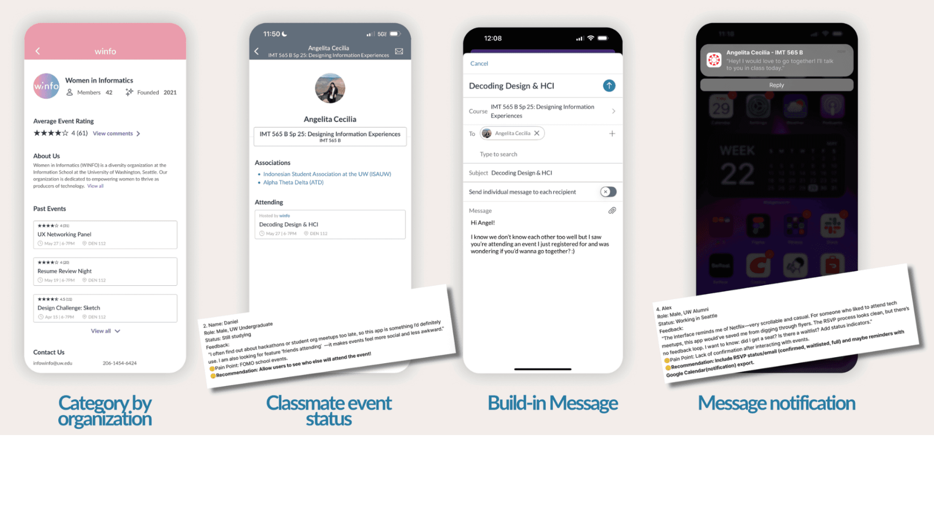 Other features: Category by organization, Classmate event status, Built-in message, and Message notification