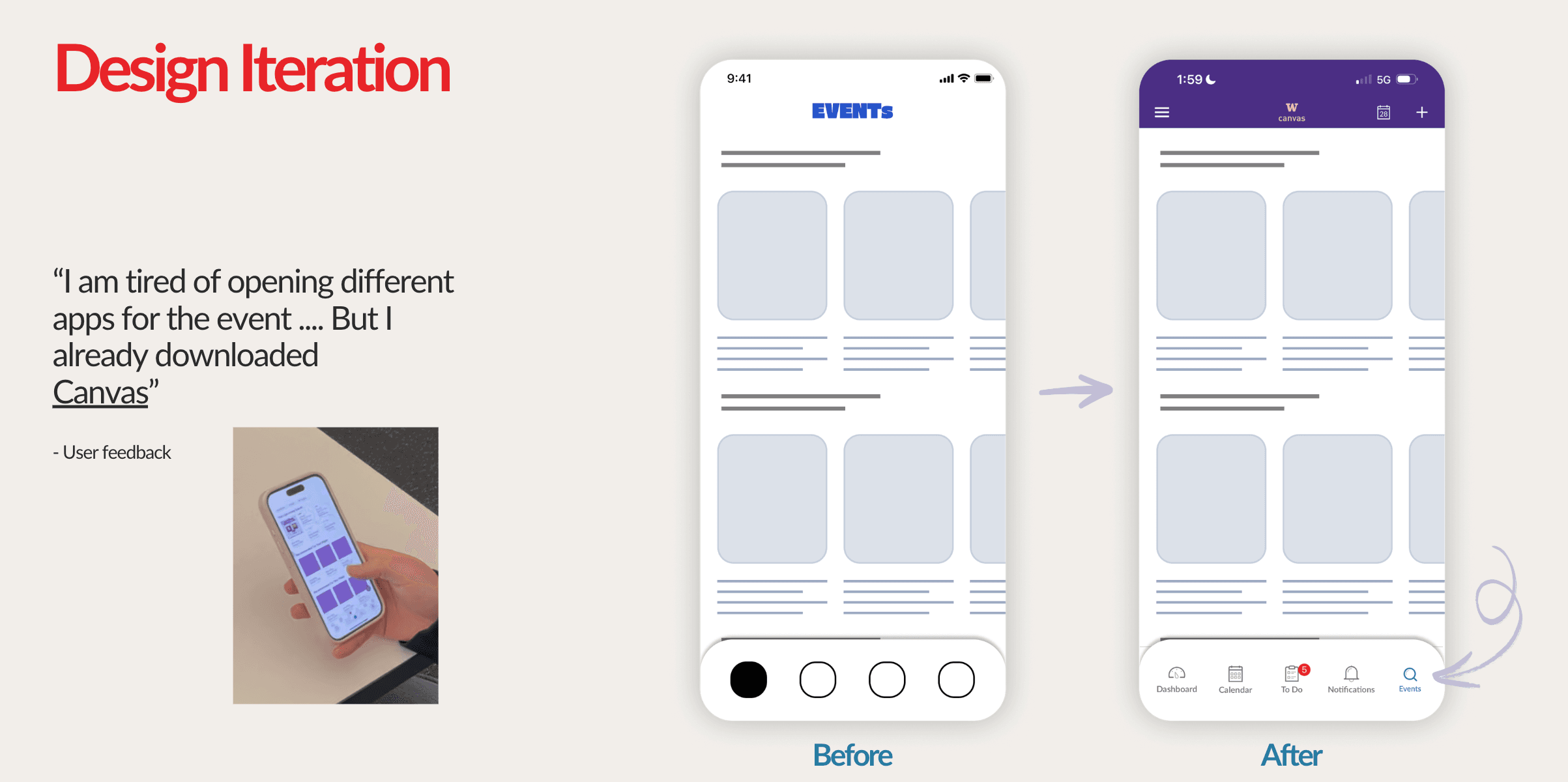 Before and after: standalone event app vs. integrated Canvas Events tab