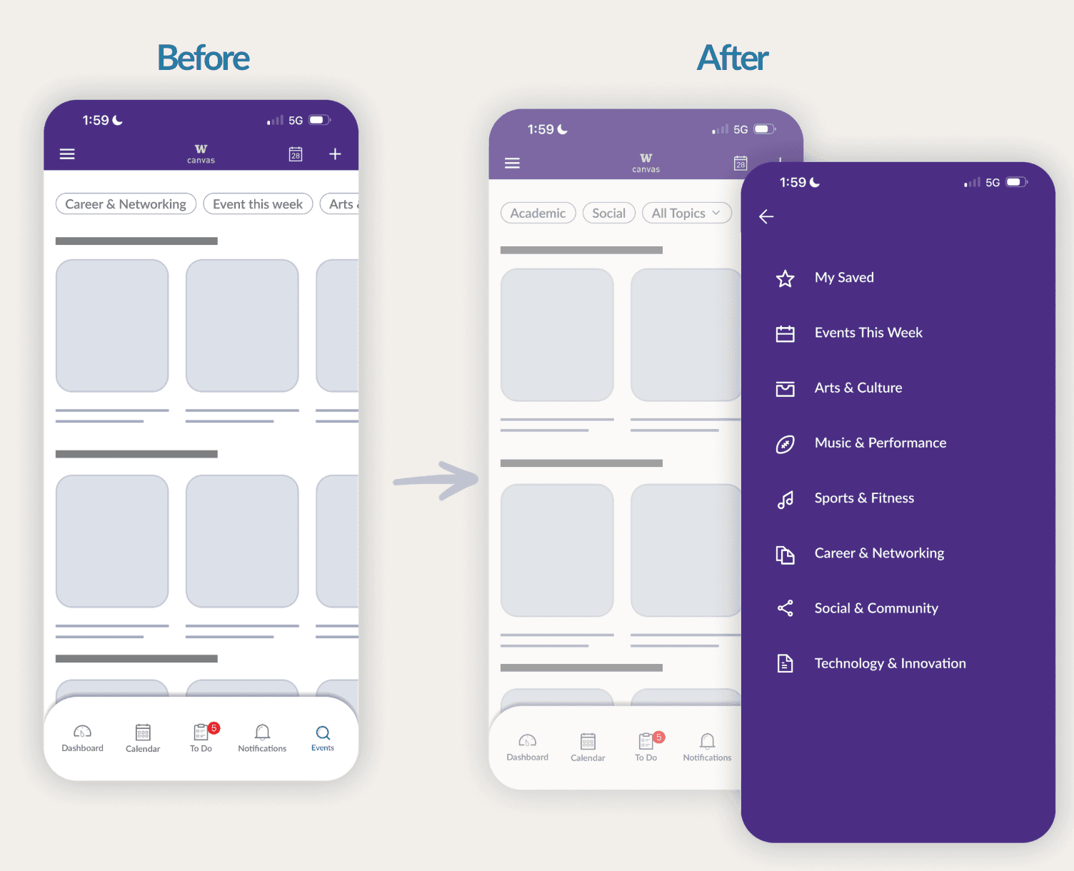 Before and after: a row of 12+ filter chips replaced with an Academic/Social toggle and expandable menu
