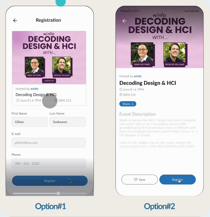 Option #1 (full-page registration form) vs. Option #2 (modal overlay on the event detail)