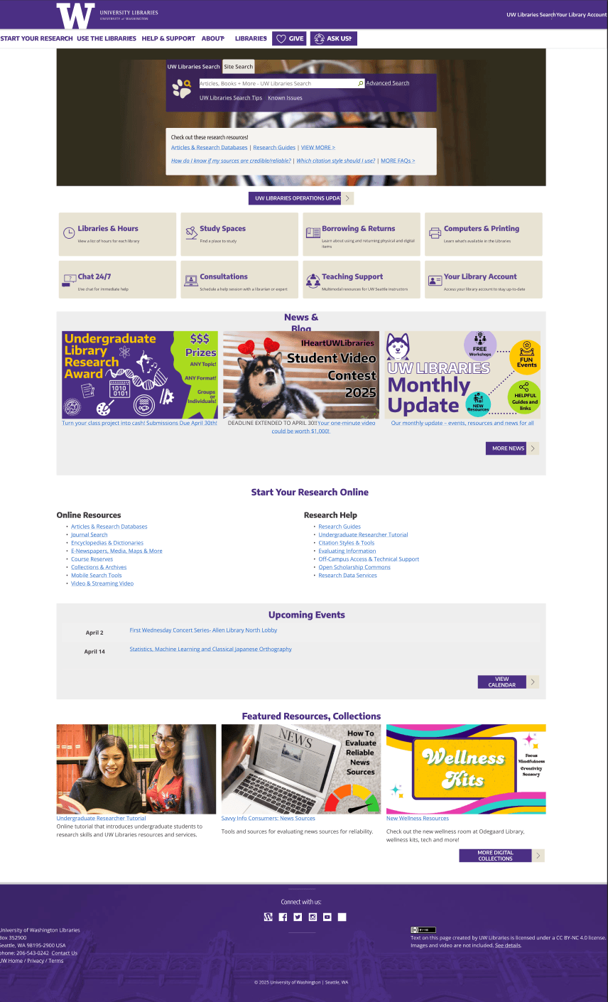 Original UW Libraries website showing cluttered layout
